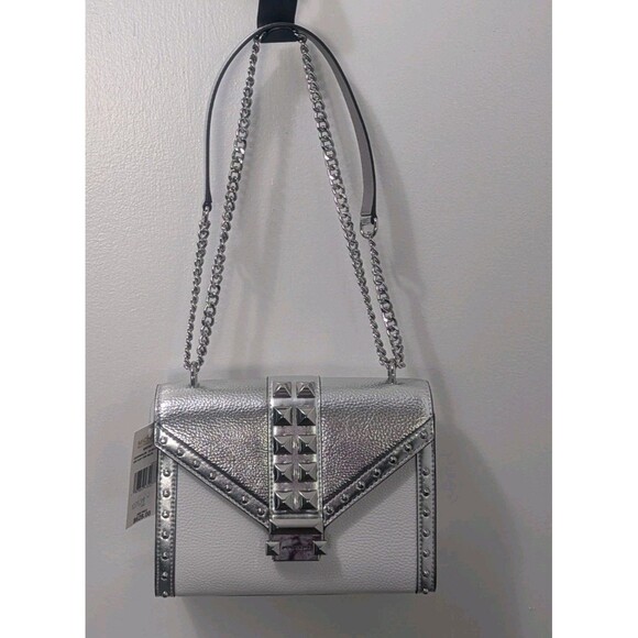Michael Kors Studded Whitney Bag - Silver, White, Leather,Adjustable Chain Strap - Picture 11 of 14